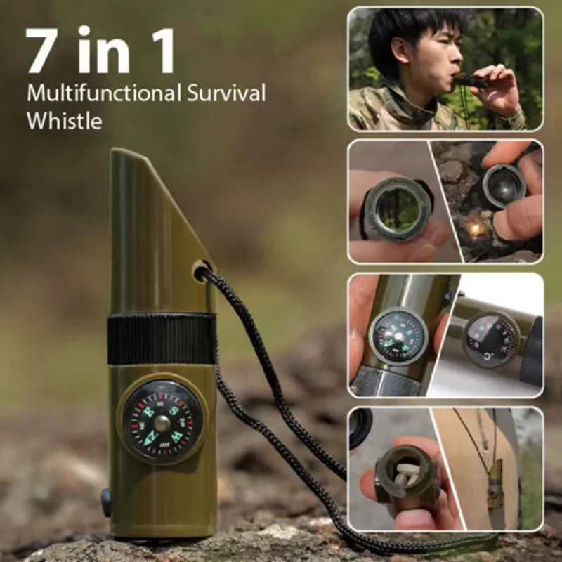 

Outdoor Professional 7-In-1 Multifunctional Survival Whistle Sos with Compass Thermometer High-Frequency Whistle