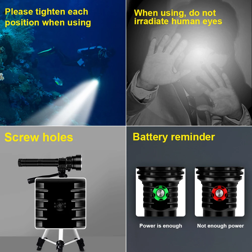 مصباح يدوي للغوص IPX8 مقاوم للماء وقابل لإعادة الشحن حتى عمق 500 متر ومصباح غوص ليلي عالي الطاقة LED وفانوس صيد وصيد مع حبل يدوي