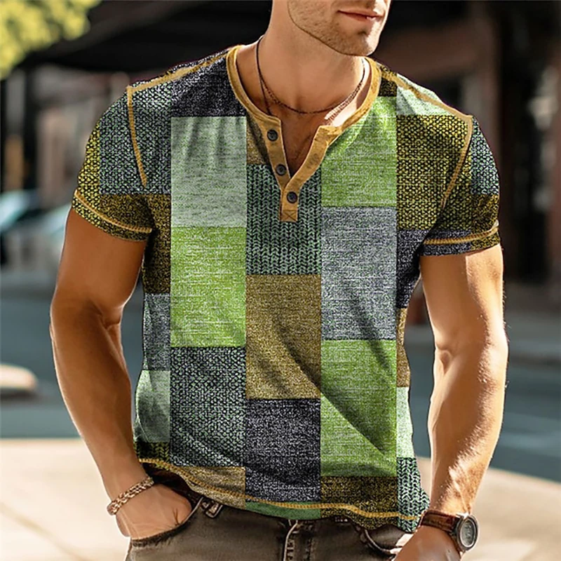 Chemise Henley à Manches Courtes pour Homme, Vêtement Imprimé en Patchwork 3D, à la Mode, avec lèvent, Vintage