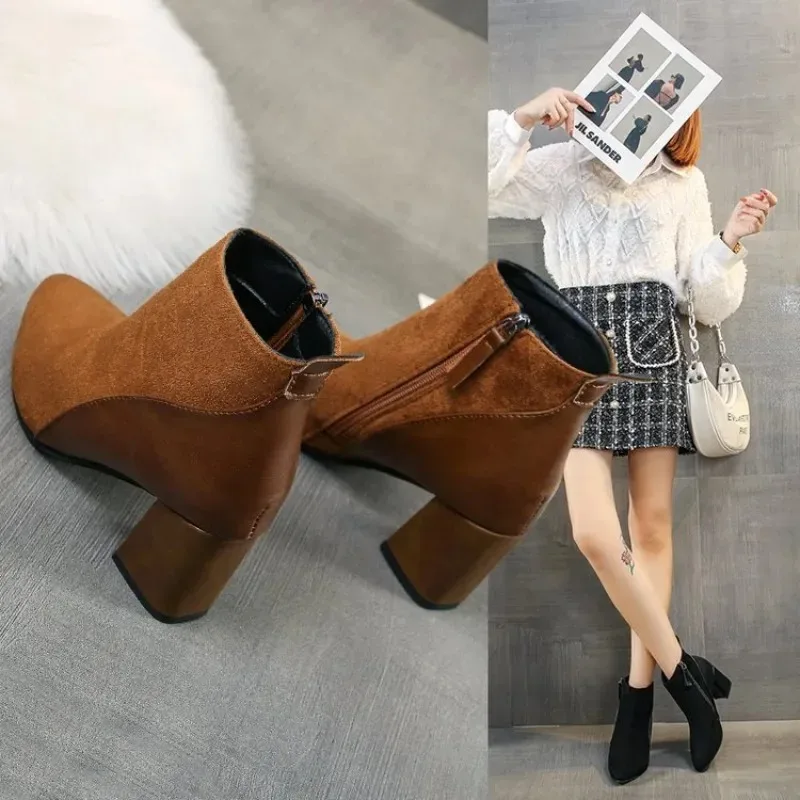 2024 Autumn/Winter Women Ankle Boots Pointed Fashion Short  Suede Panel Side Zipper Thick Heels Women\'s Shoes Large 44