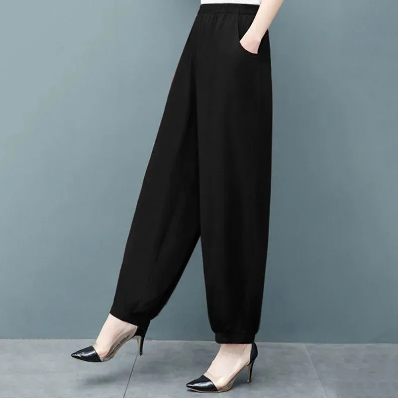 Summer Elastic Waist Mom Casual Lantern Pants Oversize 5XL Baggy Cotton Silk Pantalones Korean Fashion Ankle-Lengt Sweatpant New