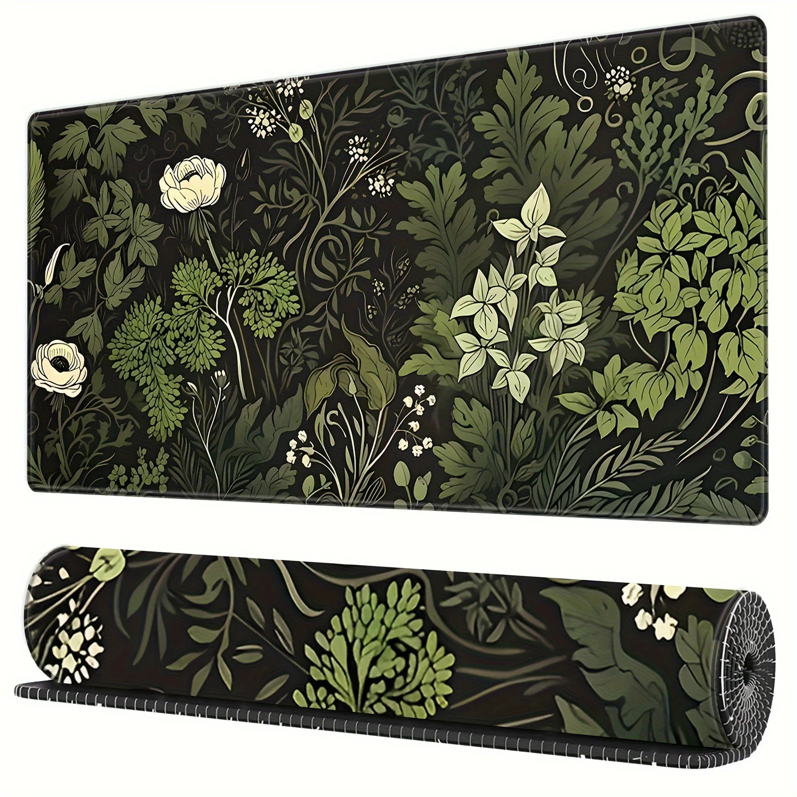 Botanical Green Floral Plant Mouse Pad Large Desk Pad Non-Slip Gaming accessories Mouse Mat Stitched Edges for Office and Home