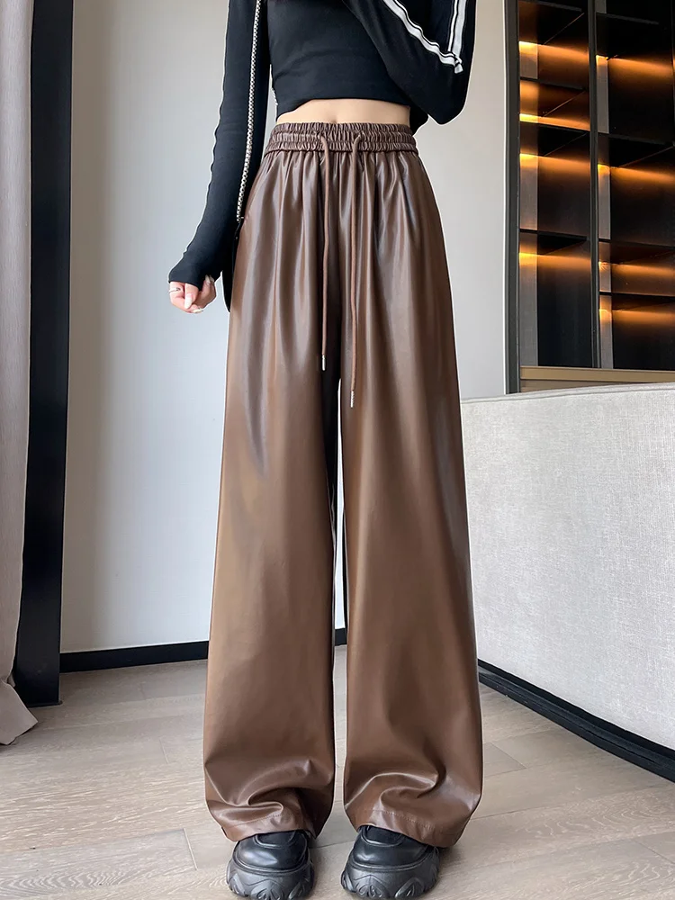 Korean Loose Casual Pants High Waist Wide Leg Floor-Length Pants Women\'s Black PU Leather Pants 2023 New Autumn Winter