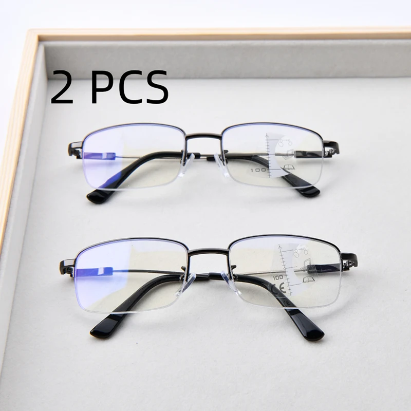 2PCS Suit Square Progressive Multifocus Reading Glasses Anti Blue Light Presbyopic Glasses Flexible Readers Far And Near Outdoor