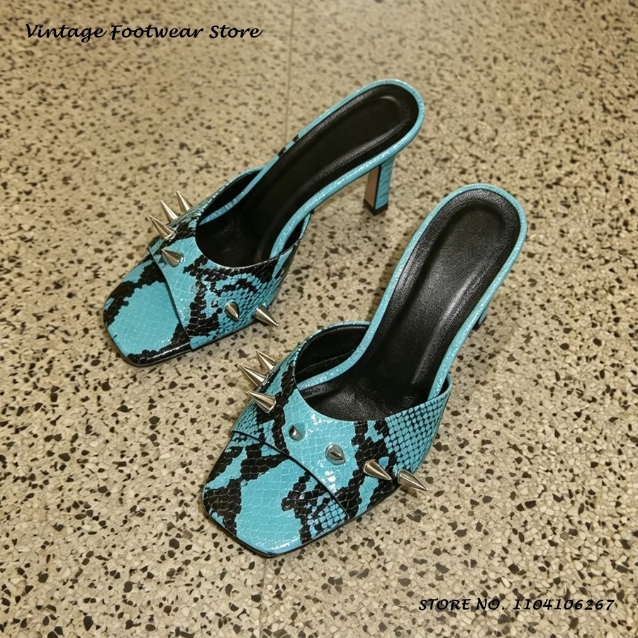 Python Print Rivet Embellished Mules Square Open Toe Thin Heels Evening Shoes Women's Summer Street Style Fashion Slippers