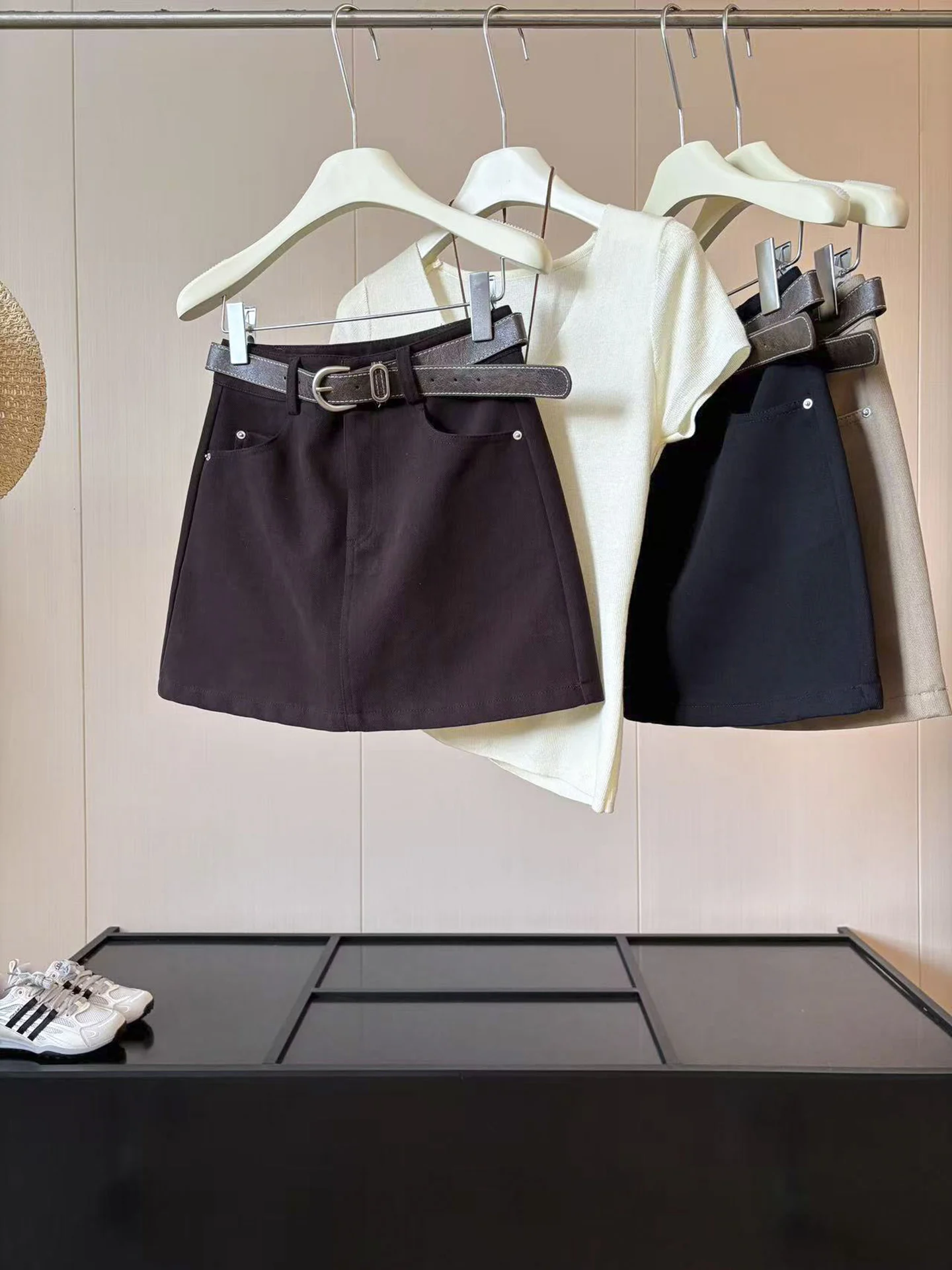 High Waist A-Line  Skirt Women's Stylish Retro American Girl Short Skirt with Belt Autumn New Style Slimming Versatile Skirt