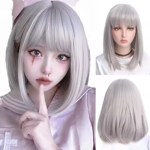 Silver Grey Bob Wig With Bang Synthetic Hair For Teen Girl women Daily Party Anime Cosplay costume REEWES Wig