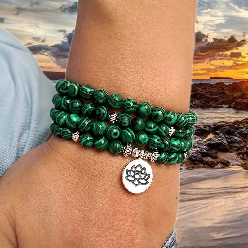 Natural 108 Malachite Rosary Lotus Bracelet for Women Stone Beaded Round Shape Diabetes Relief Bracelets Men Jewelry