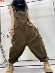 Spring Fashion Retro Overalls Female Personality Solid Color Sleeveless Loose Casual Ankle-length Oversized Suspenders Jumpsuit