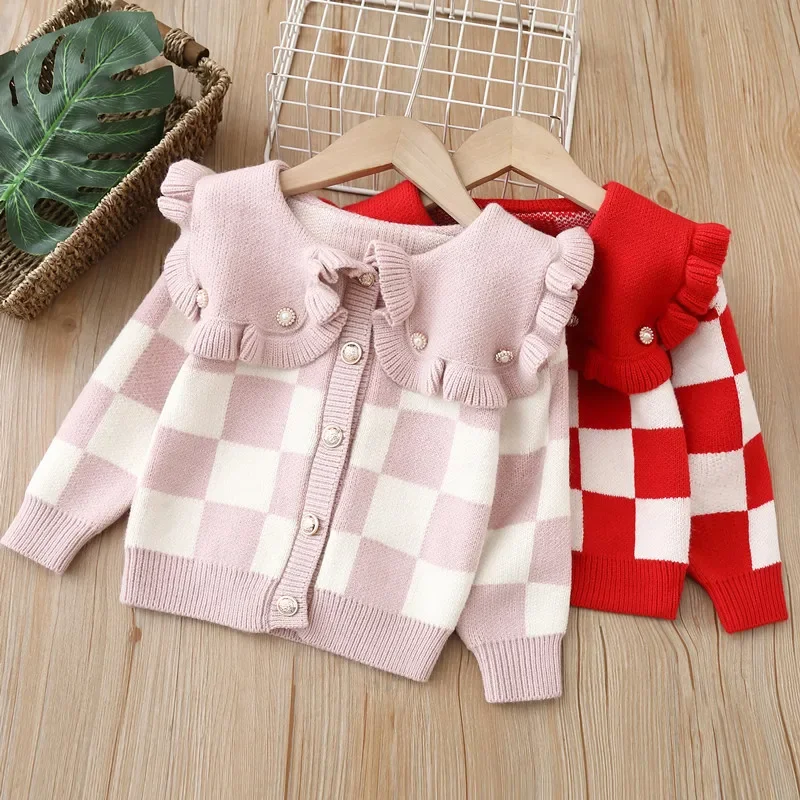 

Ruffles Baby Girl Winter Clothes Plaid Cardigan for Girl Knitted Sweater New Autumn Children Girl Baby Sweater Outerwear FY07222