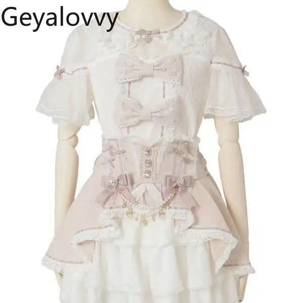 Japanese Style Liz Cute Diamond Button Bowknot Pearl Beaded Round Neck Shirt Summer Sweet Girls Versatile Short Sleeve Tops