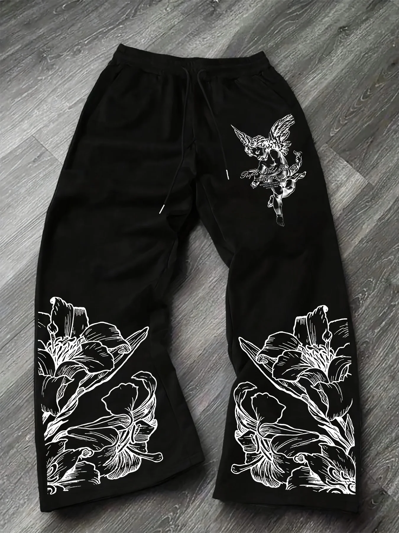 Men's Casual Loose Jogging Pants with Lily and Little Angel Pattern Print, Drawstring Wide Leg Casual Pants, All Year Round