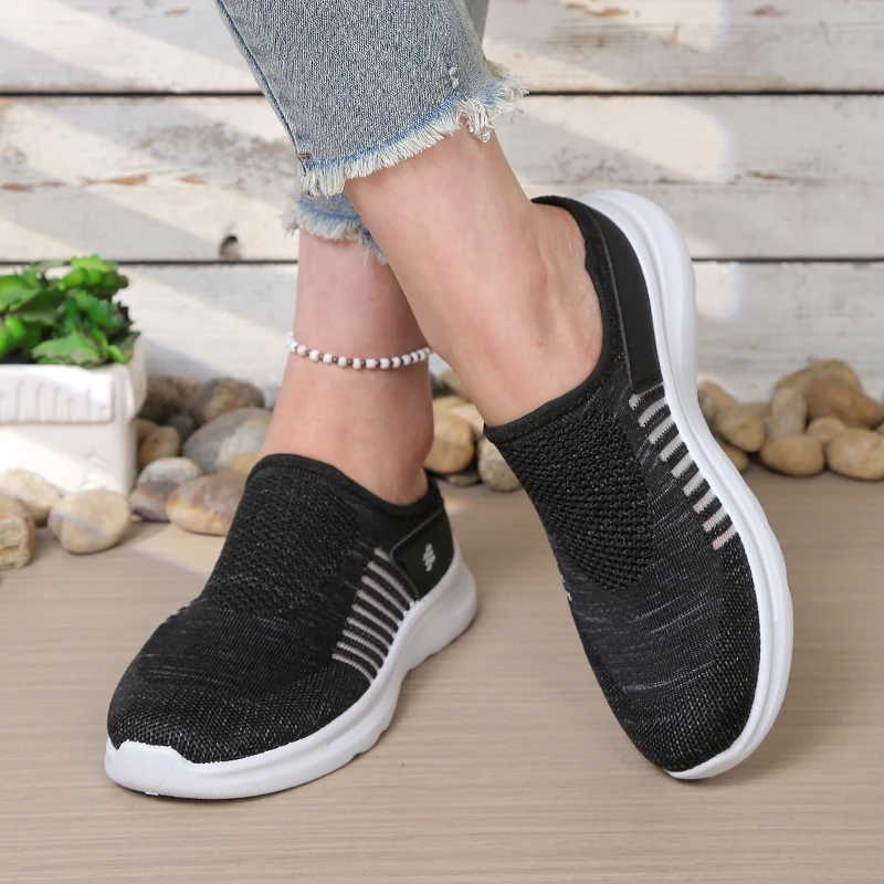 Women's Open Heel Slip-On Shoes, Hollow Vertical Striped Knit Mesh Upper, Wavy Contour Thick Sole Rear Cutout Walking Footwear - view 6