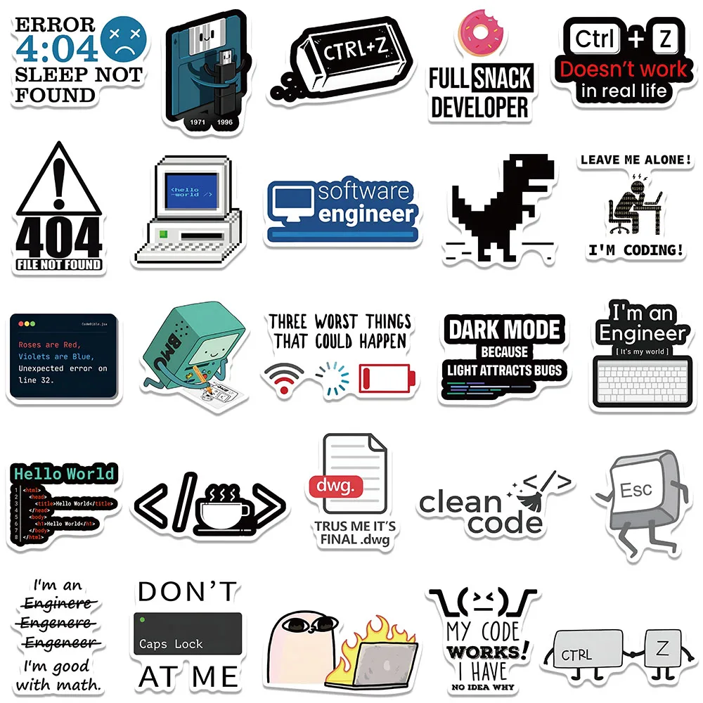 50PCS Cool Engineer Network Coding MEME Scrapbook Stickers DIY Diary Laptop Luggage Skateboard Graffiti Decal Classic Toys