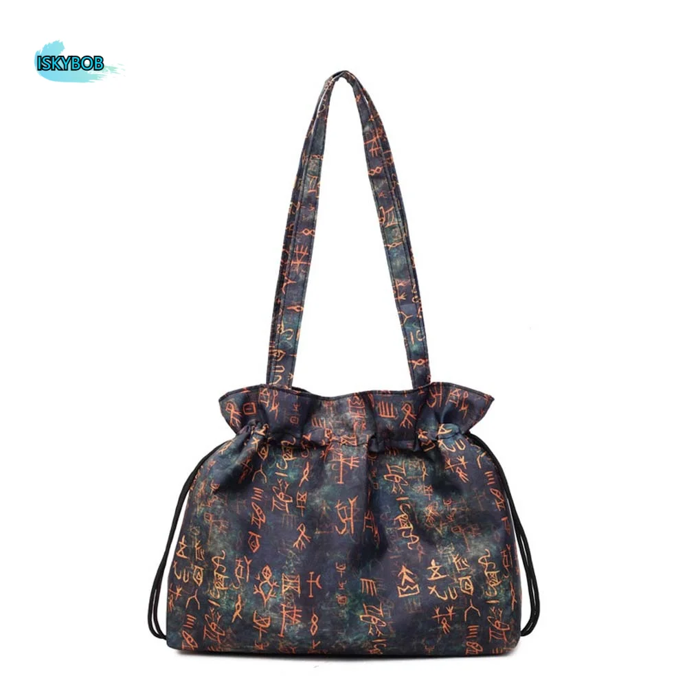 

Cotton Hanfu Drawstrings Bag Flower Retro Chinese Printed Shoulder Pouch Ethnic Style Characters Embroidery Handbag Girls