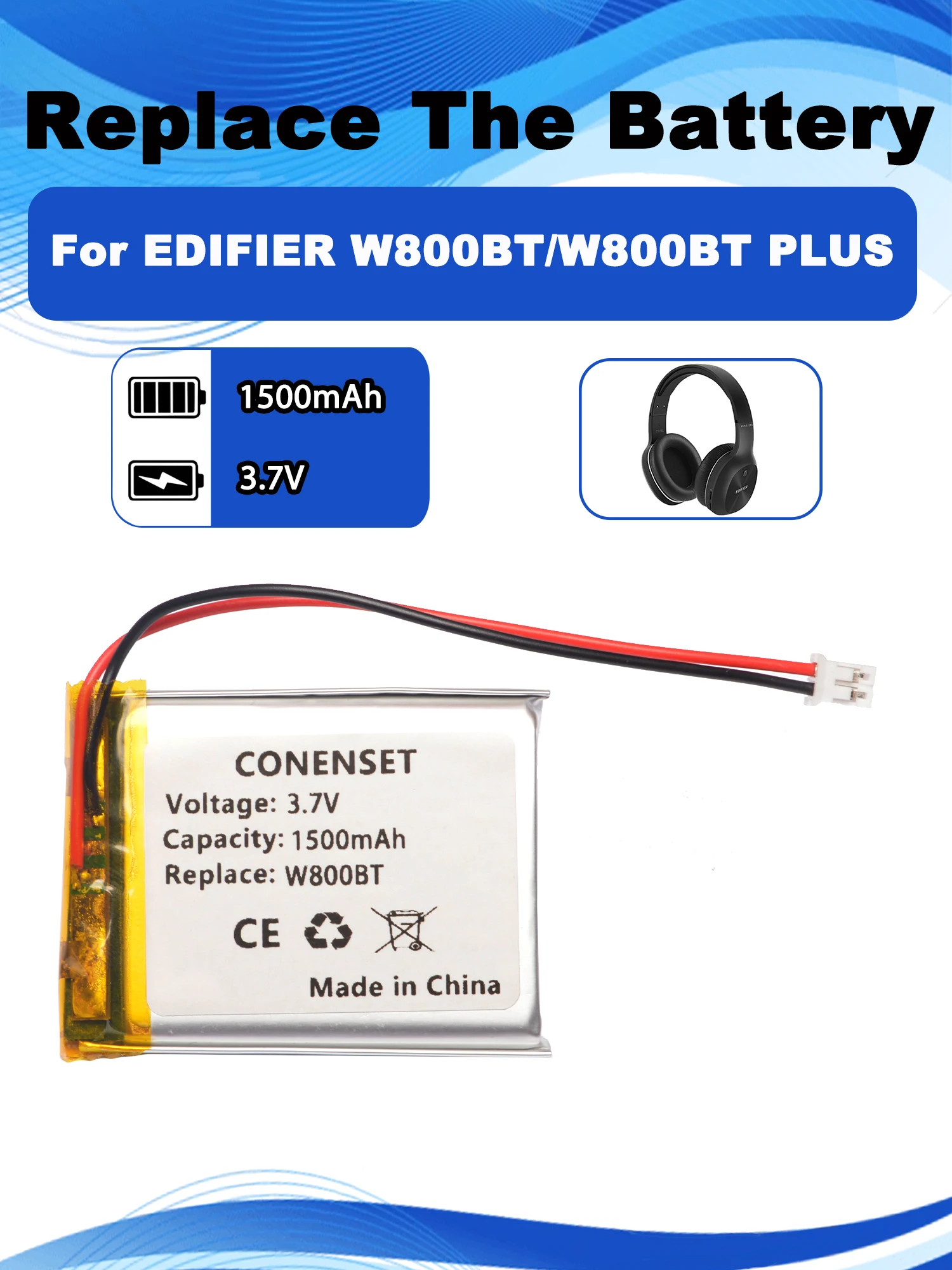3.7V 1500mAh 604050 Battery for Edifier W800BT/W800BT PLUS Wireless Bluetooth Headset Headphone Battery