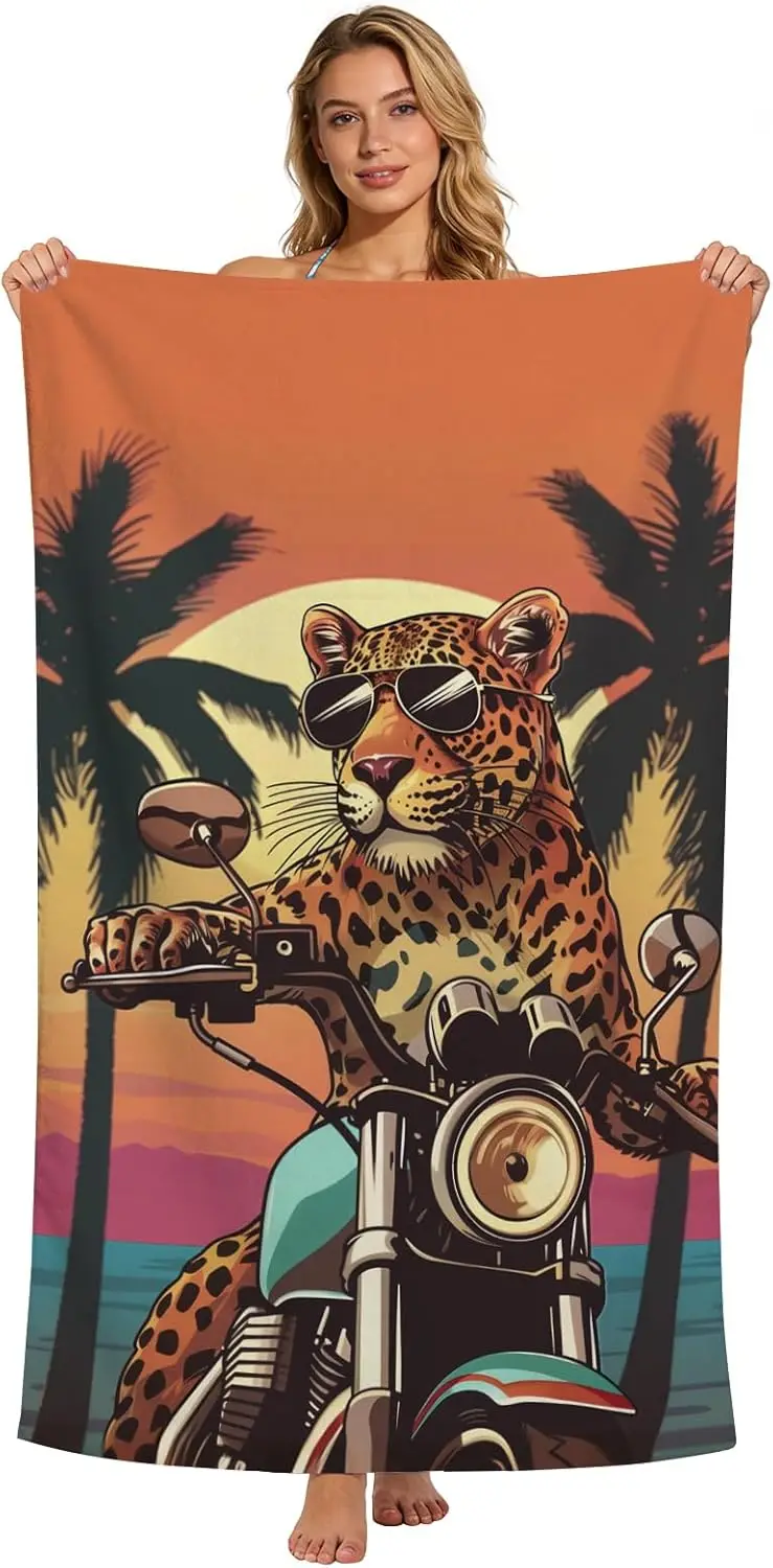 Microfiber Leopard Towels, Funny Leopard Riding Motorcycle Beach Towels for Kids Adults, Quick Dry Sand-Free Motocross Cheetah