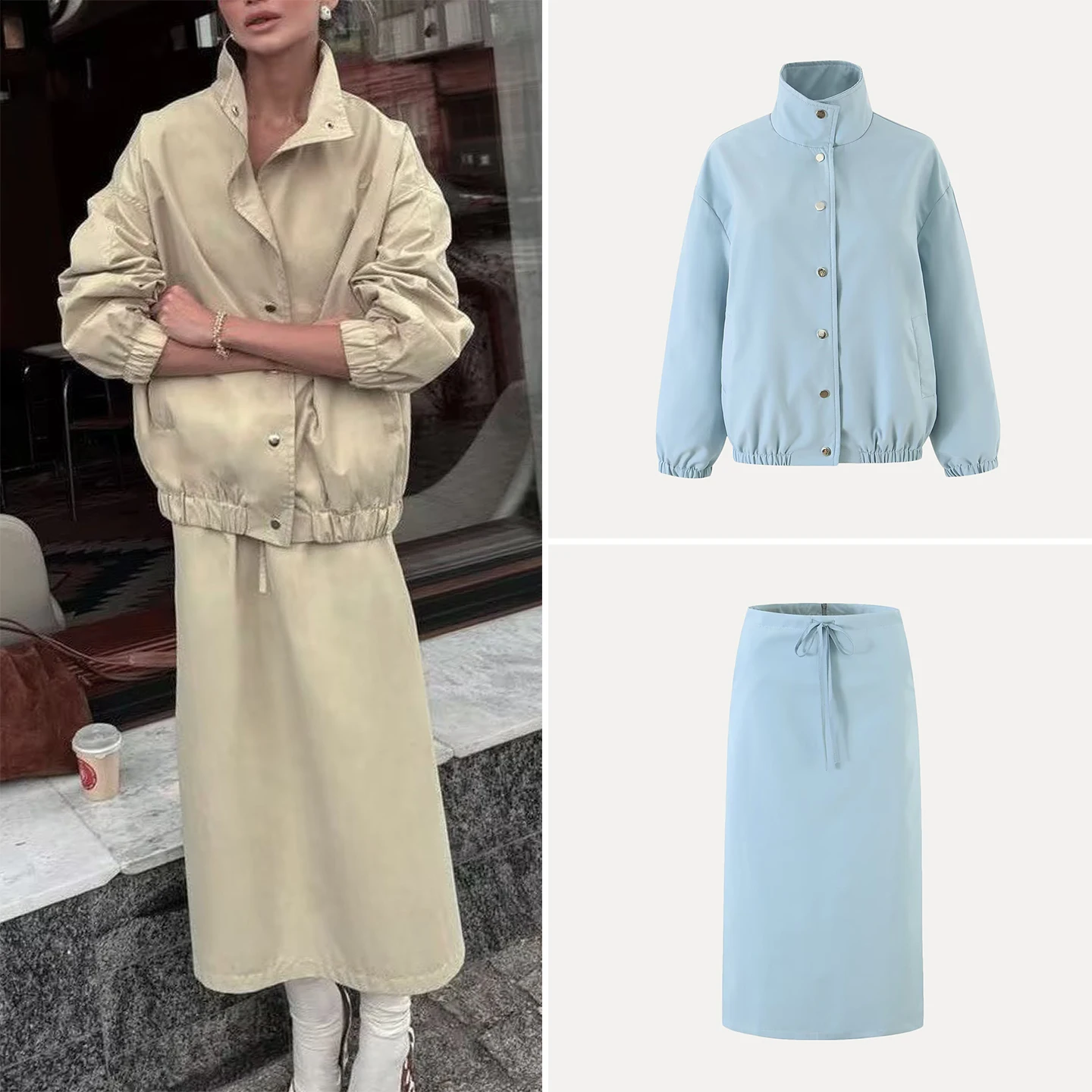 Women's Autumn Fashion Workwear Coat Simple Stand Collar Windbreaker with Drawstring Pocket  Skirt Long Dress Two Piece Set