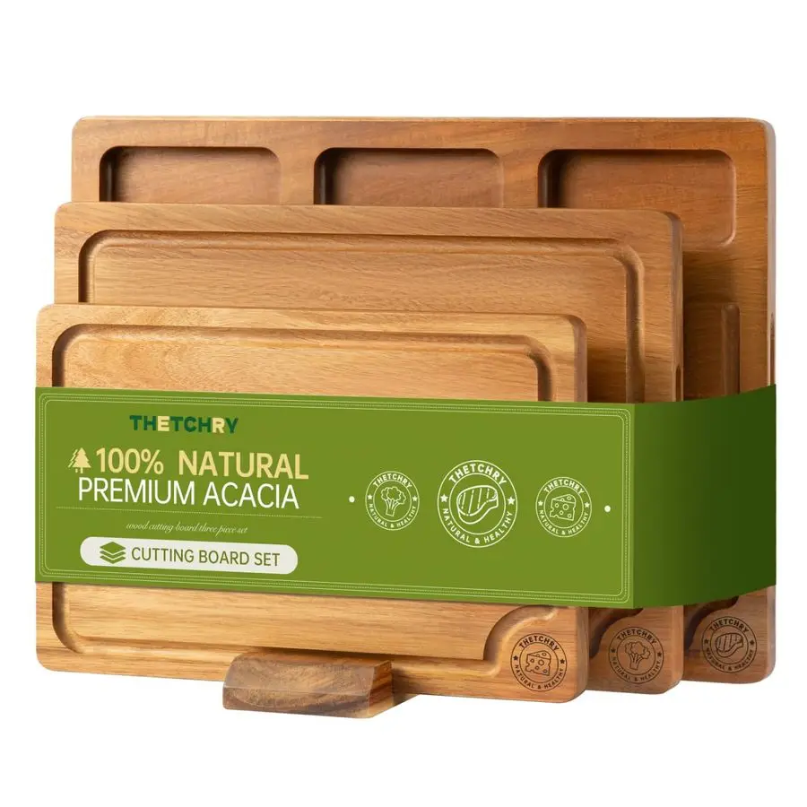 

Wood Cutting Board Set,Thick Wooden Cutting Board for Kitchen with Holder,Chopping Board with Deep GroovesampBuiltin Handles, Wo