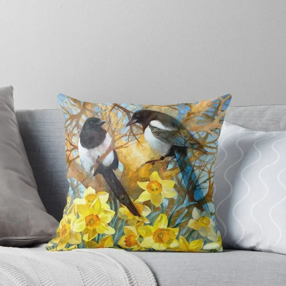 Two for joy. Magpies in daffodils Throw Pillow luxury decor Pillows Aesthetic sleeping pillows pillow