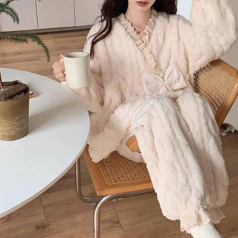 Women's New Thick Long Sleeved Long Pants Pajama Set for Students Autumn Winter Warm Home Clothes Princess Style Two-Piece Set 6