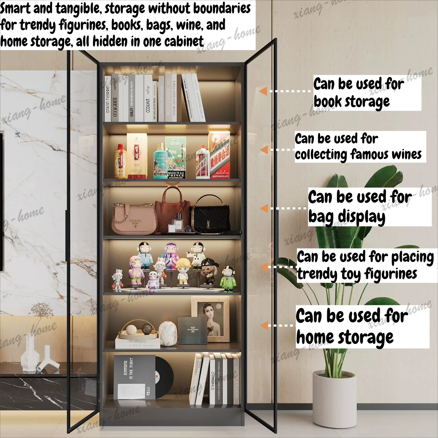 FG LED Display Cabinet With Glass Doors Modern Bookshelf Drawers Multifunctional Storage For Collectibles Wine Books Living Room
