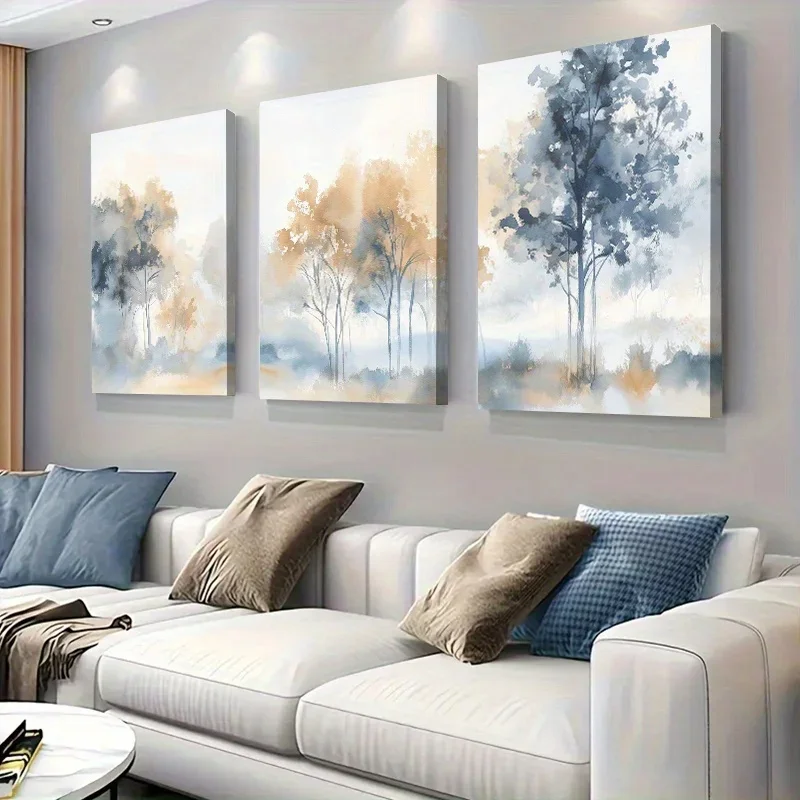 2D Flat, 2D Flat, 3pcs Tri-Panel Canvas Artwork: Tranquil Watercolor Forest Wall Decoration, Essential for Decorating Your Ho