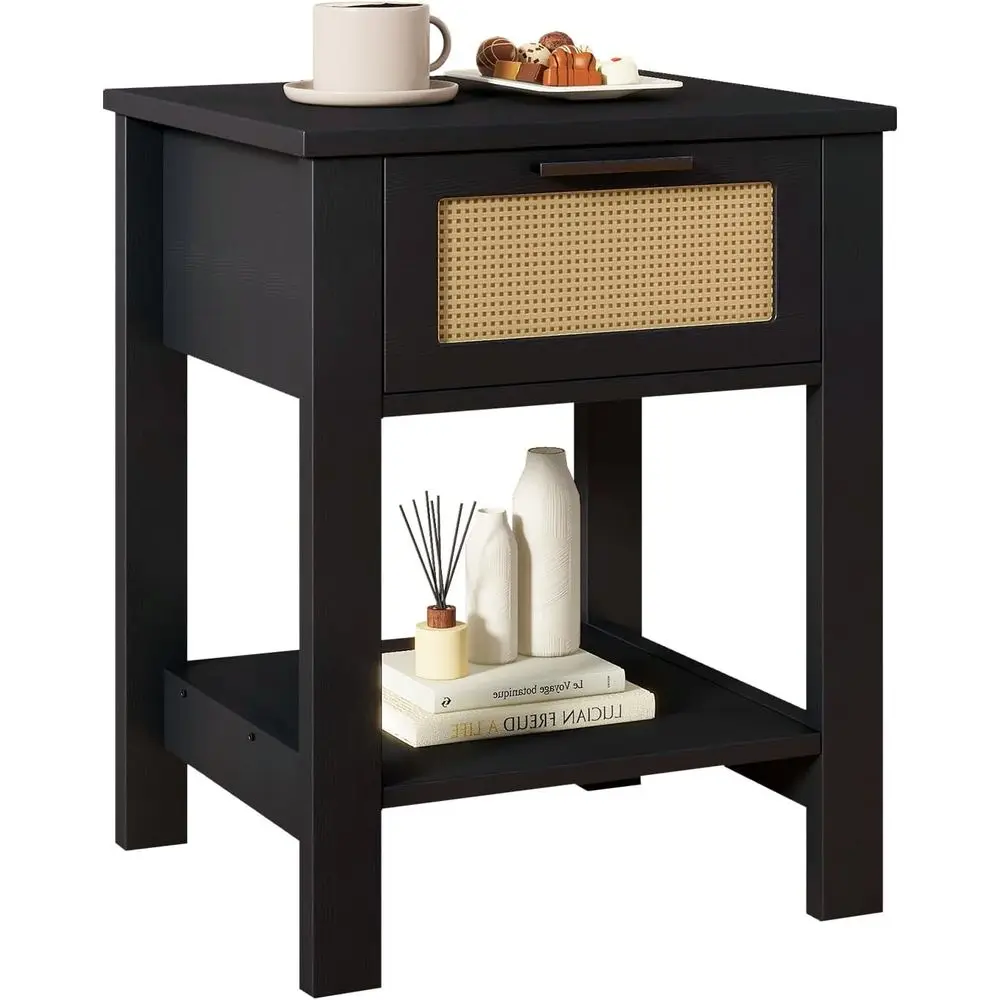 

Bohemian Style Rattan Nightstand, Wooden Bedside Table with Storage Shelf, Elegant End Table for Bedroom in Black