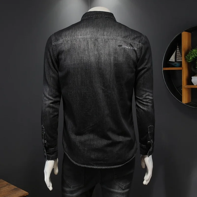 Spring Fall Black Gray Denim Shirt Men Casual Long Sleeve Turn Down Collar Single Breasted Mens Shirts Large Size M-4XL Blouse