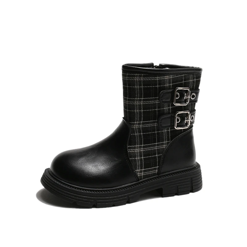Girls England Style Patterned Short Boots Little Princess Fashion Double Buckle Design Leather Boots For Winter&Autumn