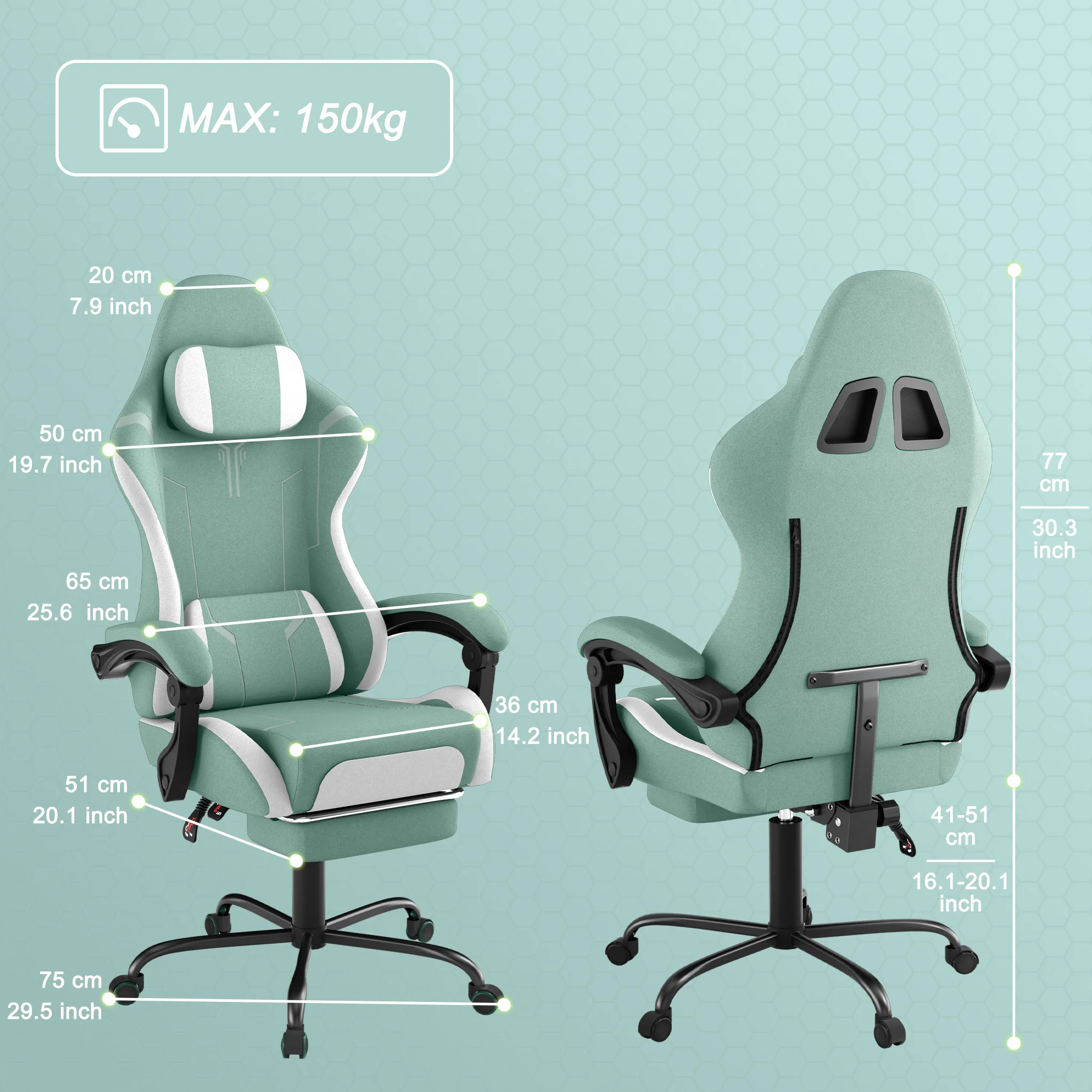 Ergonomische gamingstoel, in hoogte verstelbare draaibare pc-computerstoel met intrekbare voetensteun en afneembare hoofdsteun en lumbale kussens, bureaustoel van suède of PU-stof, max. draagvermogen