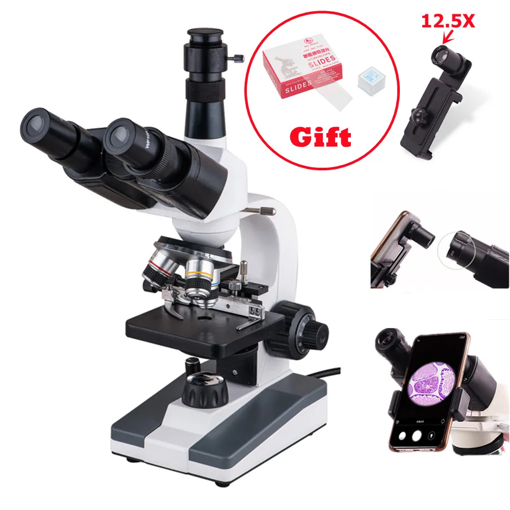 40X-640X Monocular /Binocular /Trinocular Biological Microscope for Students Educational Lab with 12.5X Mobile Phone Lens