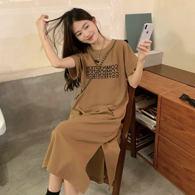 Damen Casual Maxi T-Shirt-Kleid mit Schlitz, lockeres Kurzarm-Kleid mit Buchstabenprint, Grau, Übergröße, Sommer-Sundress