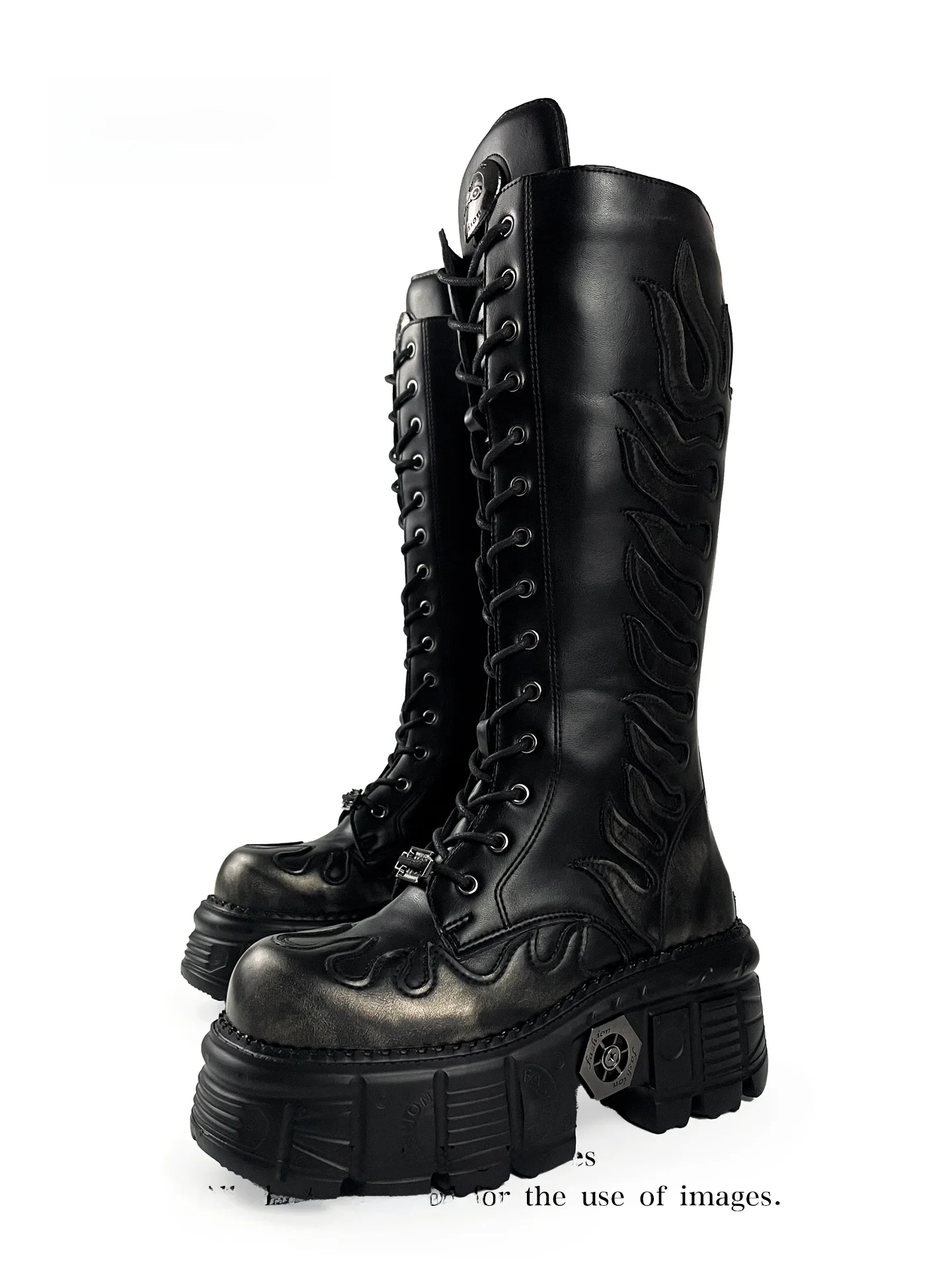 

MIbvias Gothic Boots with Flame Pattern Ultra-Thick Platform Over-Knee Motorcycle Boots Punk Style High-Tube Zipper Closure W...