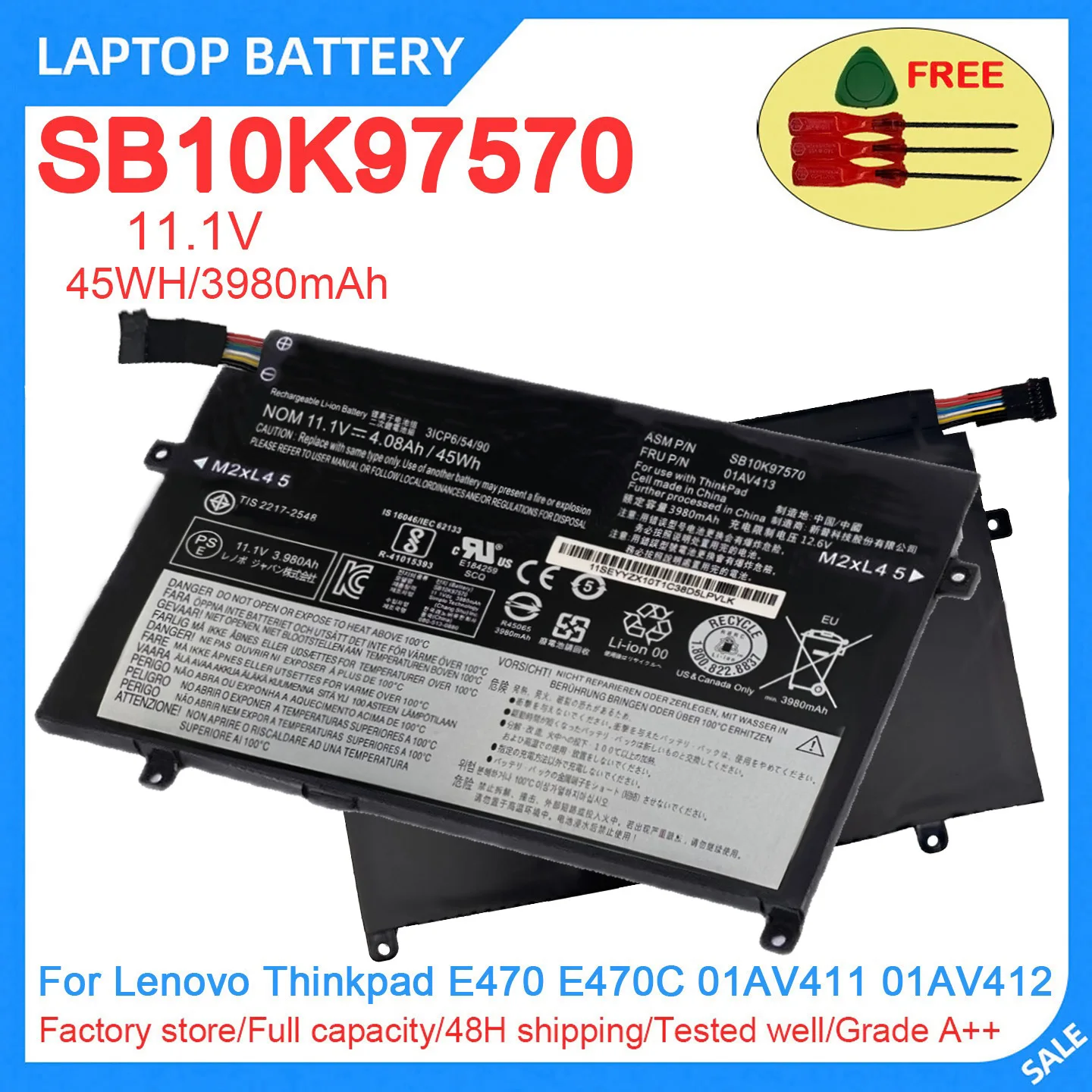 New Laptop Battery SB10K97570 01AV413 11.1V 45WH 3980mAh High Quality For Lenovo Thinkpad E470 E470C 01AV411 01AV412