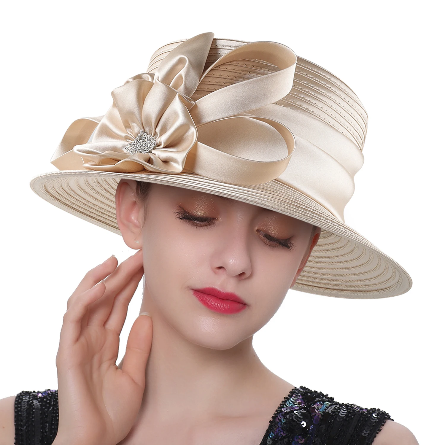 Newest Women Satin Cloth Flower Church Hat Elegant Photography Top Hat Fashion Female Banquet Fascinator Wedding Formal Hats