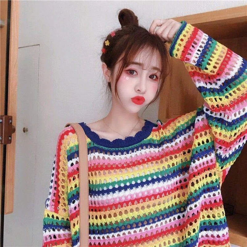 Rainbow Ladies Sweater Kawaii Tops with Headings Harajuku Crochet Knitted Sweaters for Women Cute Cashmere Autumn 2024 Trend New