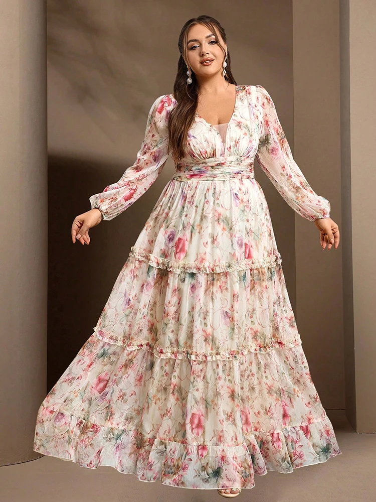 TOLEEN Middle Eastern Plus-size Spring And Summer Elegant Flower-printed Lantern Sleeve Long Dress With A Big Swing