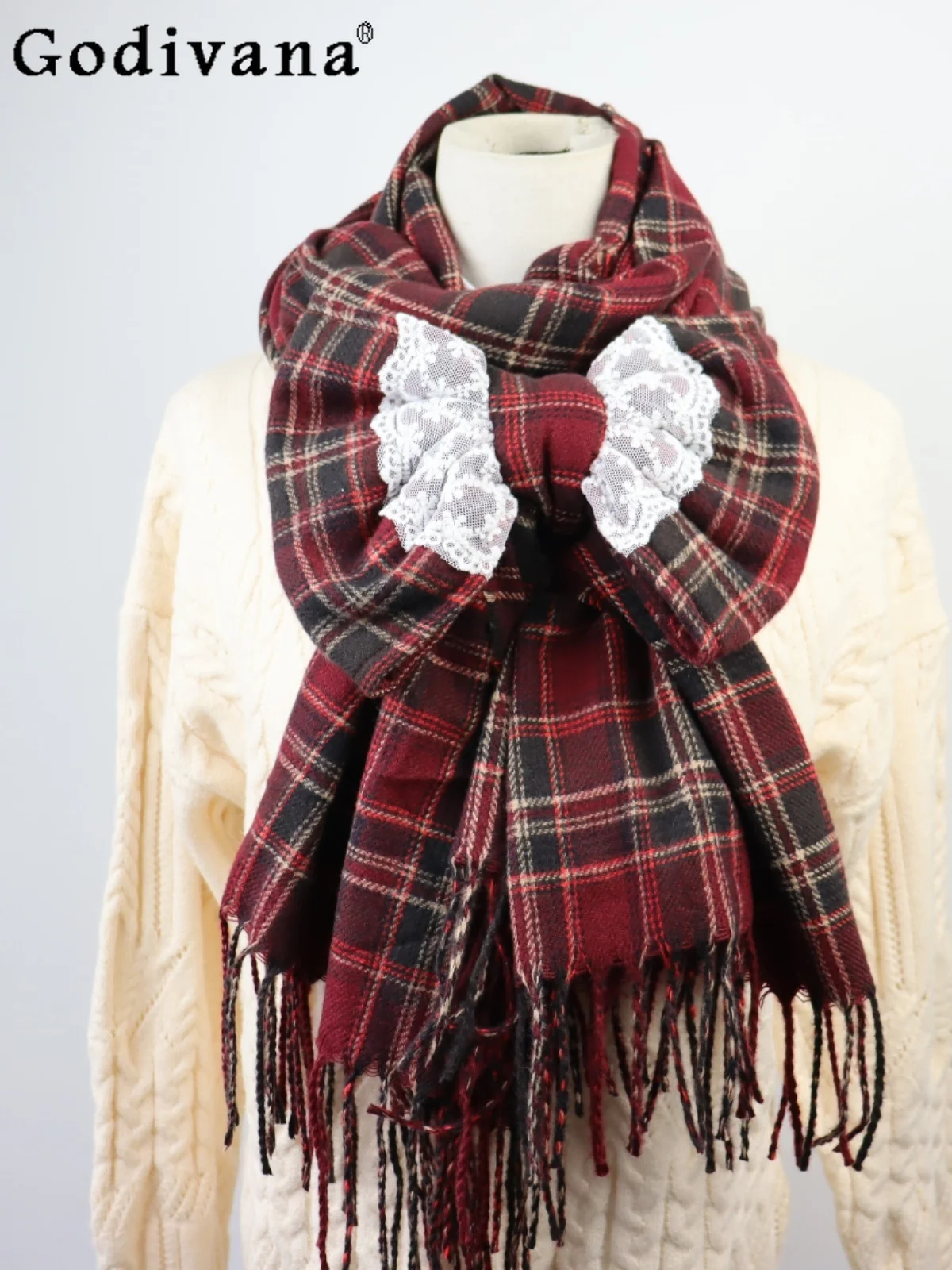 

Японский оригинальный красный клетчатый шарф с бантом в стиле Лолиты, милый ретро-милый шарф для девочек, осенне-зимний новый студенческий теплый шарф