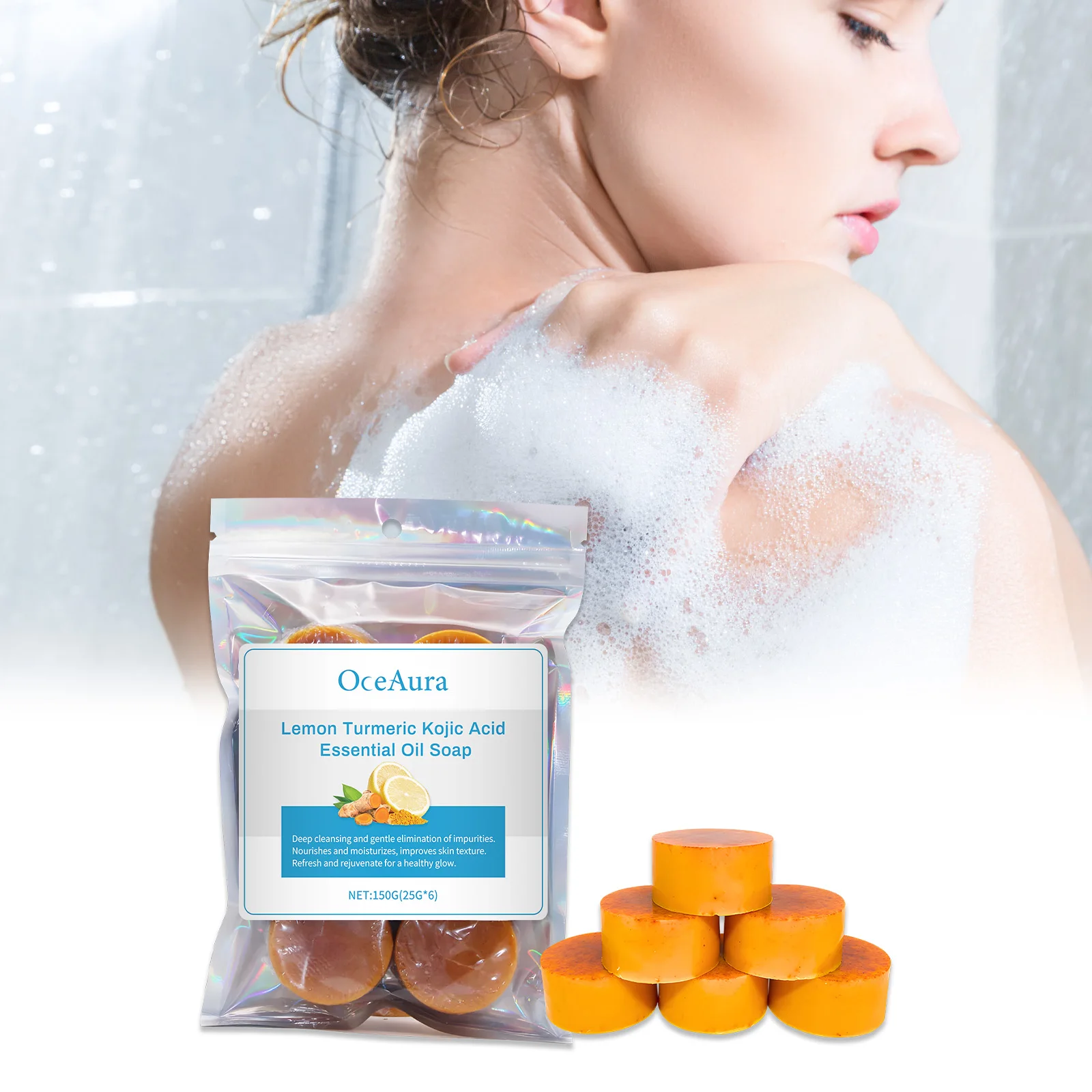 レモンターメリックコウジ酸石鹸 150g - 輝く肌のためのブライトニングバー、ダークスポットトリートメント、ディープクレンジング、保湿、ビーガン