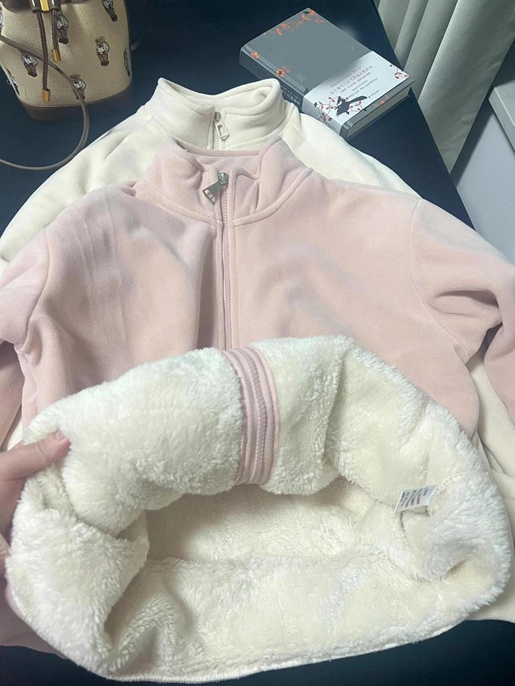 

Зимний теплый свитшот из искусственного ягненка, женский сладкий консервативный стиль, милое пальто, модное корейское пальто с длинным рукавом, повседневная верхняя одежда с воротником-стойкой, топы