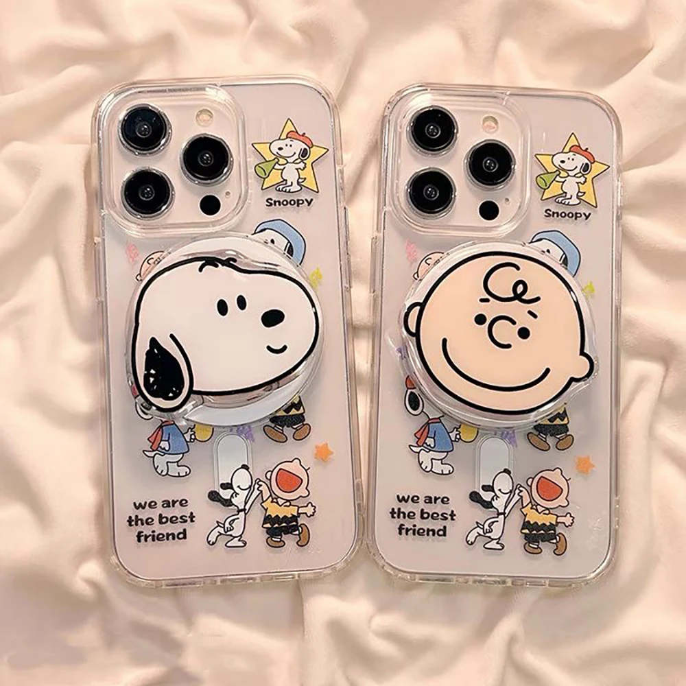 Miniso Cartoon Anime Snoopy Iphone 15/14 Phone Case with Magnetic Suction Bracket 13Promax 12/11 Transparent Xr Phone Case