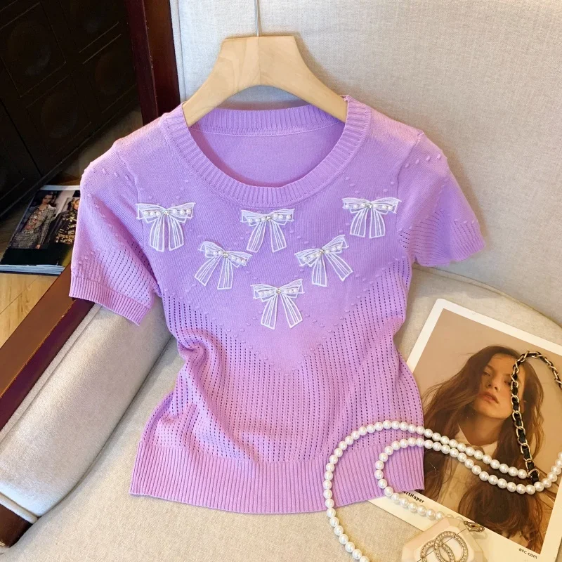 

Purple Blue Beading Bow Short Sleeved Sweater T-shirt Women 2025 Summer New Style Chic Round Collar Thin Ice Silk Knitwear Tops