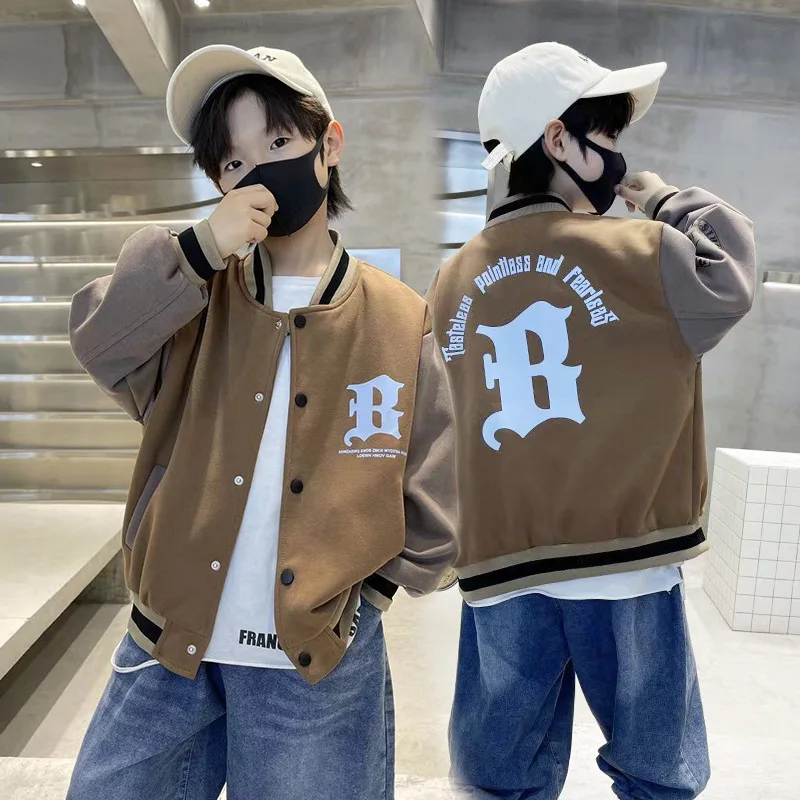 Kids Bomber Jacket Children Spring Autumn Letter Print Outerwear Boys Streetwear Varsity Baseball Uniform Coats 4 6 8 10 12 14 Y