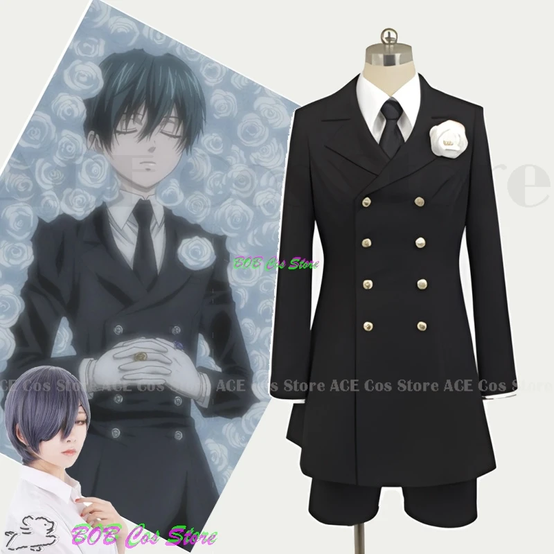 Anime Kuroshitsuji Ciel Phantomhive uśmiech przebranie na karnawał męski top spodenki pogrzebowy żałobny strój peruka Halloween garnitur w stylu gotyckim