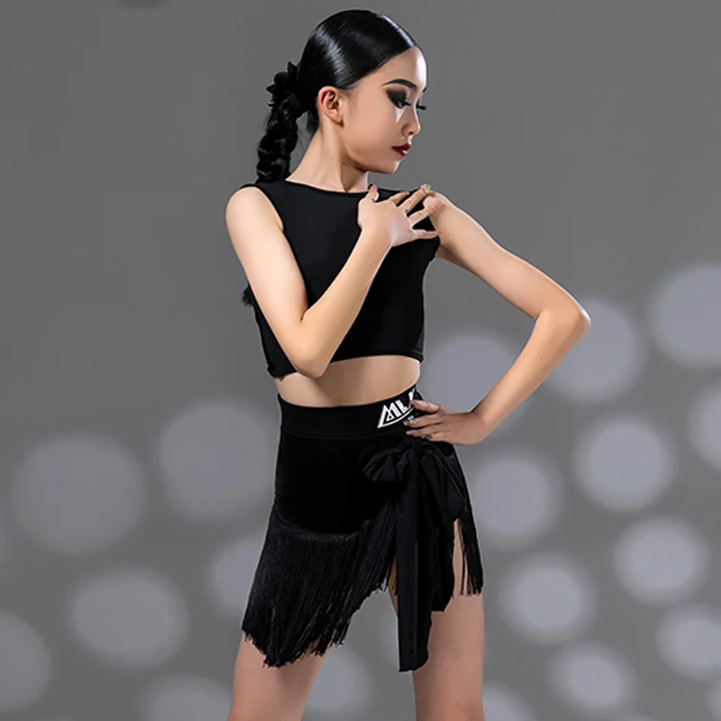 Summer New Latin Dance Clothing Childrens Sleeveless Crop Tops Black Tassel Skirt Practice Set Ballroom Dresses For Girls VBH507