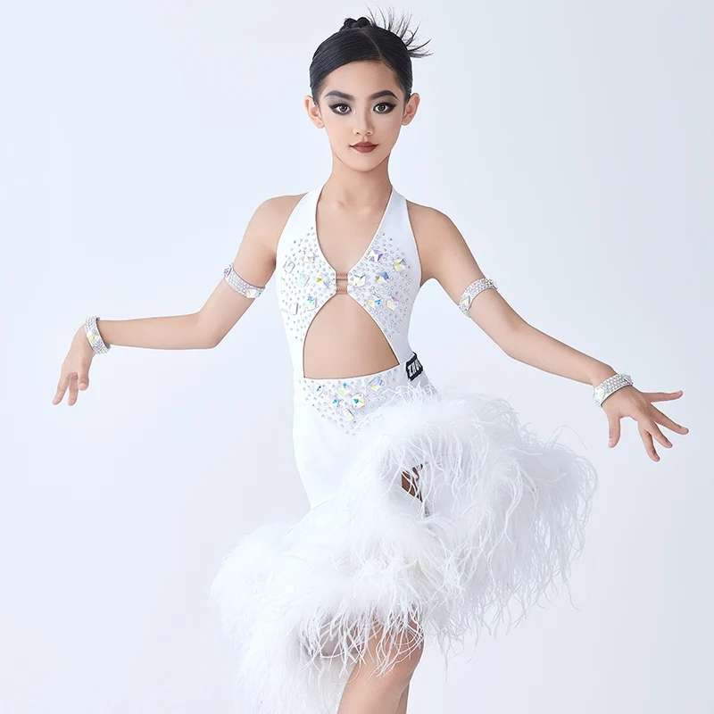 New High-End Children'S Latin Dance Professional Clothes For Girls White Diamond Latin Dance Dress Feather Skirts SL11154