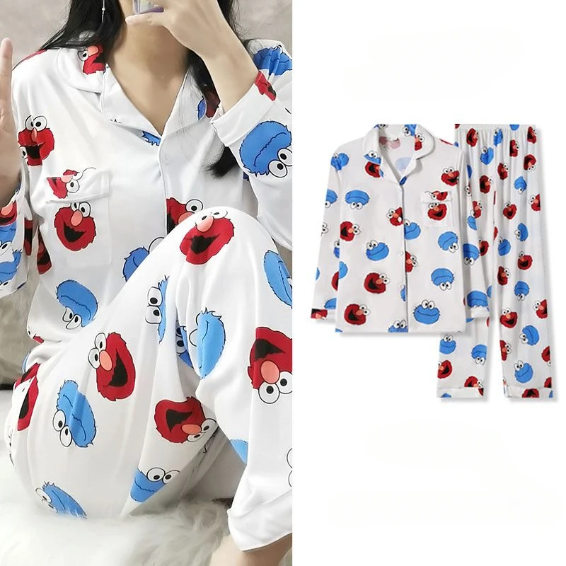 Sesame Street Elmo Cookie Monster Animation Peripheral Cute Cartoon Print Home Clothes Student Dormitory Long Sleeve Pajamas Set