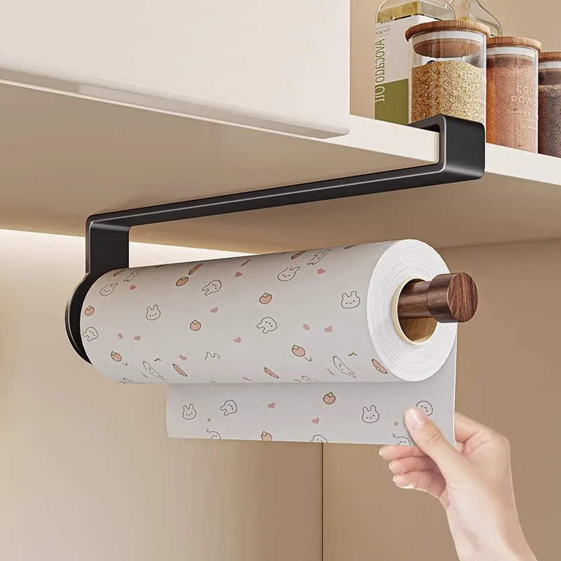 Under Cabinet Paper Towel Holder Aluminum Carbon Steel Adhesive Paper Towel Roll Rack for Bathroom Towel Wall Mounted Black