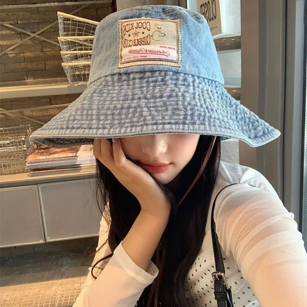 

Sweet Big Brimmed Denim Bucket Hat Sunscreen Wide Wings Jeans Fisherman Hat Visor Korean Style Sunscreen Hat Climbing